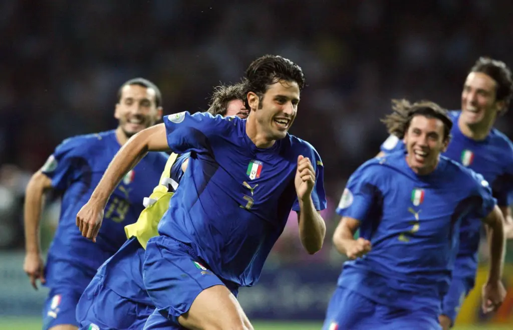 Fabio Grosso after scoring the winning penalty for Italy in the heated World Cup final match against France in 2006