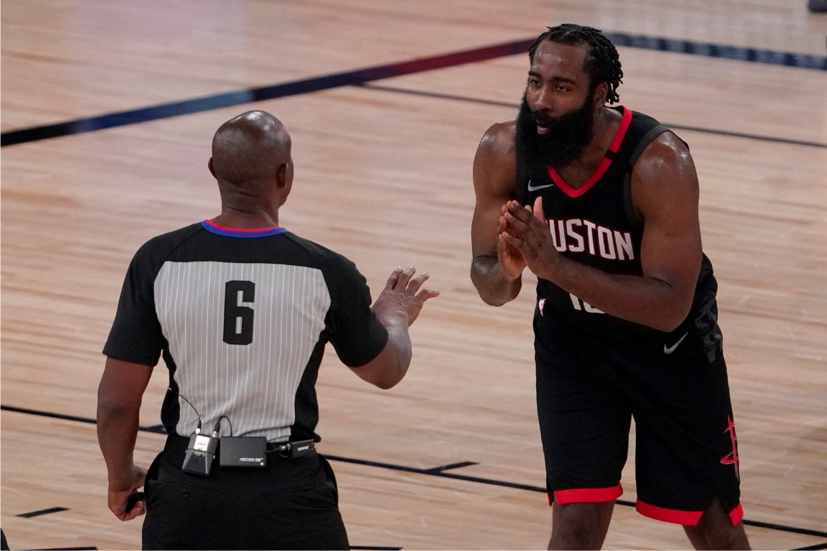 James Harden pleading his travel during a game