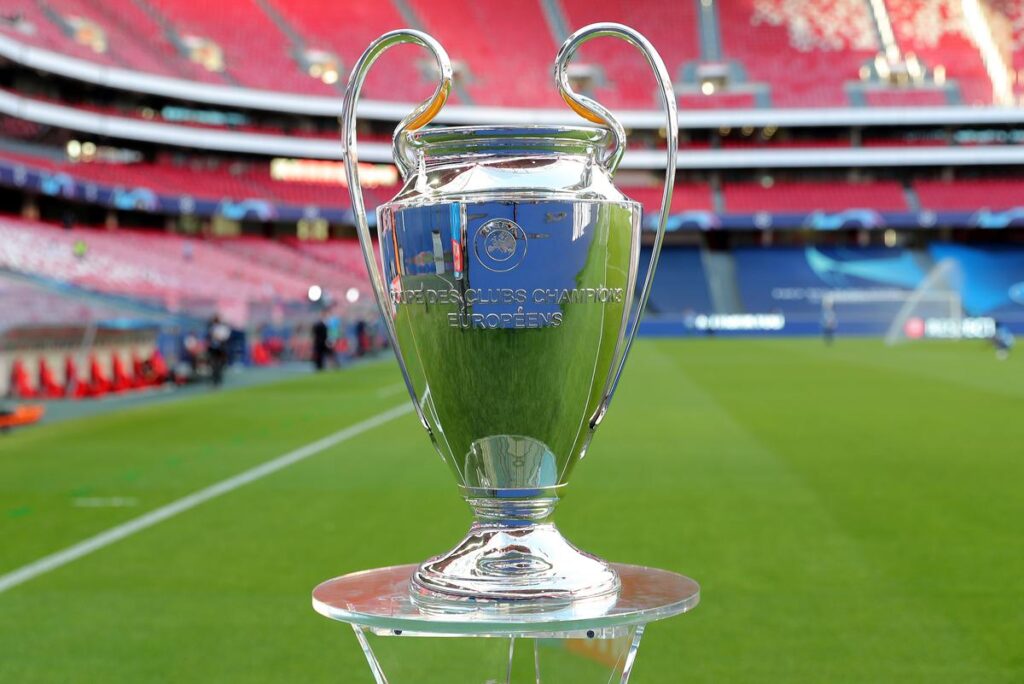 A detail view of the Champions League Trophy prior to the UEFA Champions League Final match between Paris Saint-Germain and Bayern Munich at Estadio do Sport Lisboa e Benfica on August 23, 2020 in Lisbon, Portugal.